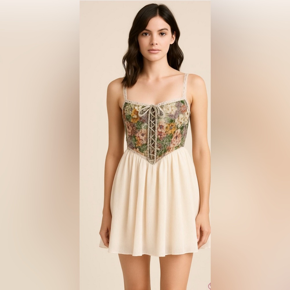NWOT CIDER Summer Floral Embroidery Corset Spaghetti Strap Mini Sleeveless